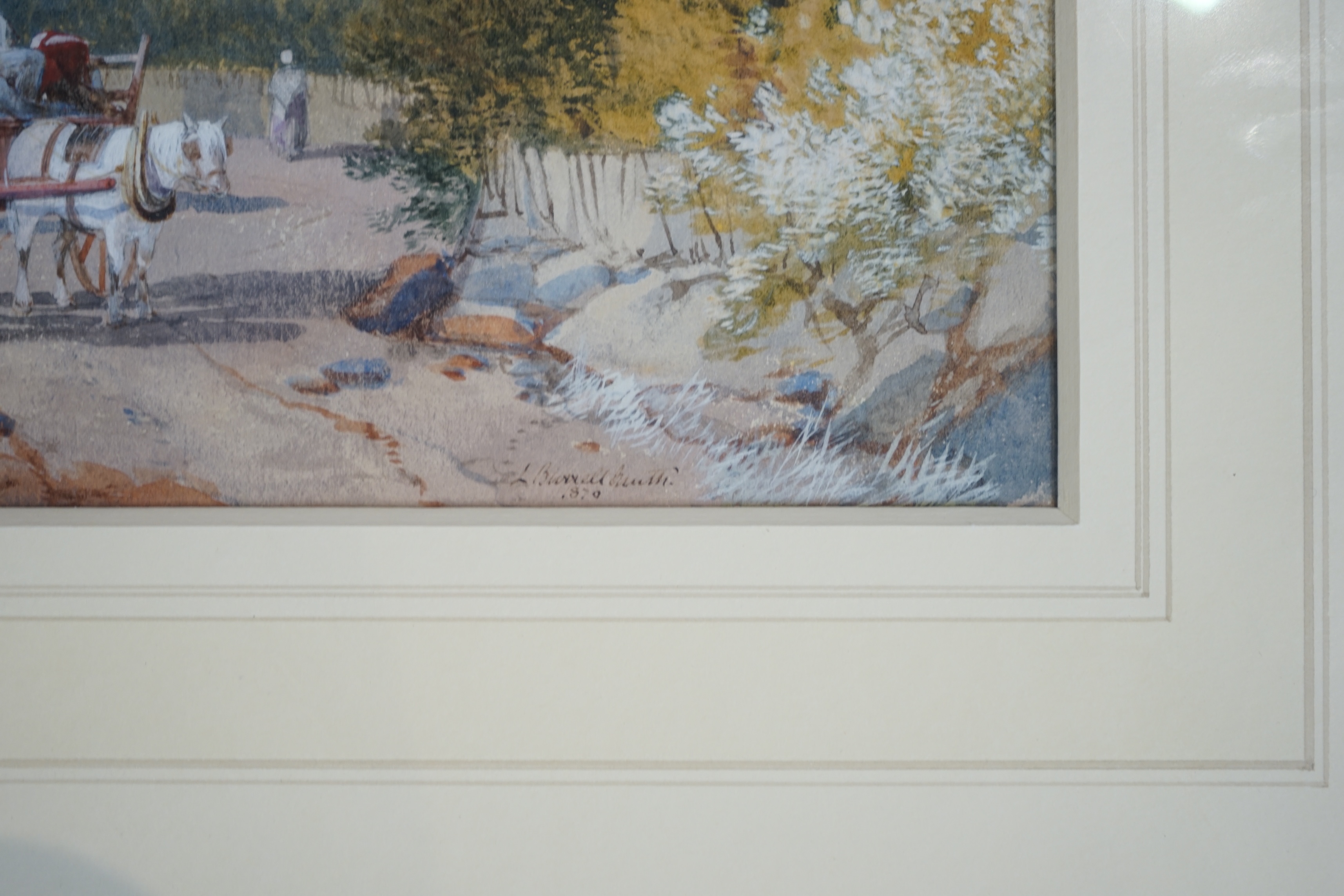 James Burrell Smith (British, 1822-1897), watercolour, Italian landscape with horse, cart and stone bridge, signed and dated 1879, 17 x 47cm. Condition - good